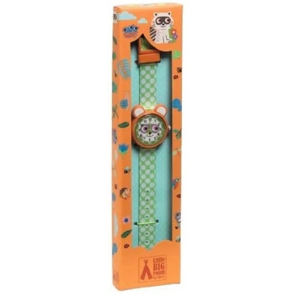 A beautiful, artistic and elegant quartz wrist watch with a stylish raccoon theme to help children learn to tell time; with attractive woven band and a secure clasp An educational, analog watch, it has 2 dials; 1 for hours and 1 for minutes to help make telling time easier and more intuitive Silent in operation, it has sweep hour, minute and second hands. Its superior engineering makes this time piece very accurate. SR626SW button battery included for long life. Shock resistant and water resistant, it will withstand the active child, it can hold up to accidental splashes and rain (not suitable for bath, shower or swimming) A great gift for boys and girls ages +5 3070900004276 DD00427