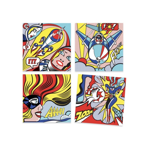 Superheroes by Djeco A coloring and transfer activity that invites children to discover the style of Roy Lichtenstein, the great master of Pop Art. Little by little, the designs are colored with the help of felt-tip pens. Then the sheets of rub-on transfers allow young artists to add details and the dot patterns so characteristic of the artist's work. The scenes come to life! We love this product because; It’s a great way to discover the work of Roy Lichtenstein. An encounter between a contemporary illustrator and the great master. Suitable for up to age 99, because it is never to late to plunge into the world of art! Strong colored felt-tip pens with soft tips and pigmented ink. Includes paper transfers to reproduce the dot raster. The explanatory booklet details the activity step by step. Contents: 4 illustrated cards (20 x 20 cm), 4 felt-tip pens (blue, red, yellow, sky blue), 4 sheets of transfers, 1 booklet with step-by-step explanations in color. Designed by Christian Montenegro Suitable From   7 to 99 years 3070900093768 DJ09376