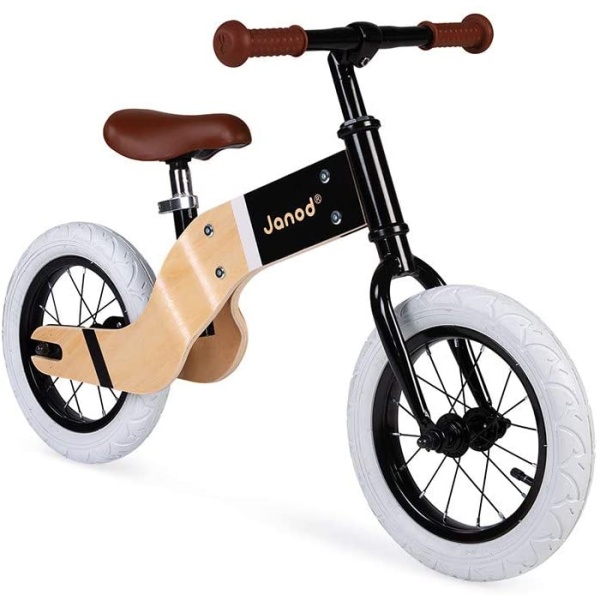 This magnificent balance bike succeeds in combining wood and metal and adopting a half biker, half vintage style which is completely original! One thing is sure, little ones won't go unnoticed when riding this superb balance bike for children from 3 years old! The front part is made of metal with a black paint finish for a very refined look. The rest of the bike is made of wood. Under the seat, it is curved to fit the rear wheel and to give a design style to the whole. The structure reveals the natural wood for an authentic effect. The black wheels with white tyres are a perfect match for this Deluxe Bike. Finally, the comfortable silicone grips and the seat are matched in the same natural warm brown colour. In addition to allowing little ones to follow the family on a ride, balance bikes have an undeniable advantage: they make it easier to learn how to ride a bike without wheels! This beautiful bi-material bike will also help your child to develop his/her coordination. The adjustable seat adapts to the child's height as they grow (from 40 to 46 cm/15.7 to 18.1"). The tyres are inflatable for extra comfort!  3-6 yo Product info  Dimensions 87 x 42 x 55 cm (34.2 x 16.53 x 21.65") Material(s) Wood, metal Maximum weight 30 kg (66,13 lbs) Assembly time 20 minutes