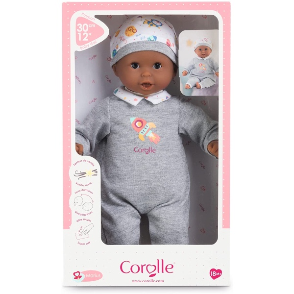 Bébé Calin Marius is a 12- inch baby doll - the perfect size for little mommies and daddies to rock and cradle in their arms. Its soft body is posable like a real baby, and its dark brown sleepy eyes close when it's put down for a nap or at bedtime, also like a real baby. The doll's head, arms and legs are made of soft-to-the-touch vinyl that is delicately scented with vanilla, a Corolle signature. Bébé Calin Marius is dressed in a grey onesie with matching stocking cap and is part of the mon premier poupon Corolle Collection of dolls, clothing and accessories for beginning doll play. Ages 18 months and up.