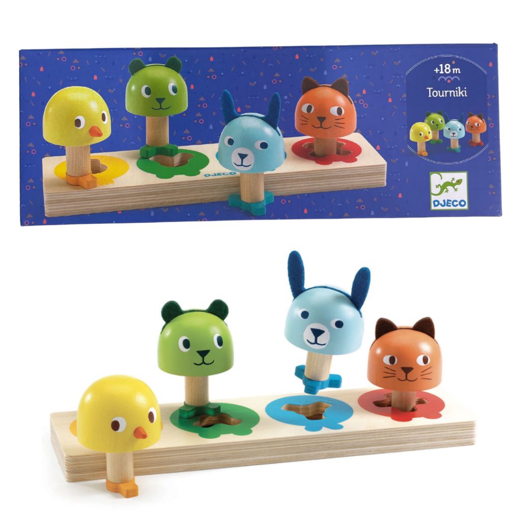 Tourniki Wooden Puzzle by Djeco Where does the green bear go? Little ones will adore placing the animal keys in place and turning them into place. The design features 4 coloured animals to be placed in the base according to the shape of the feet. The child looks at the shape of the foot to place it and turns the heads to see their face. The round animal heads are easy for small hands to grasp. A great way to build fine motor skills and colour recognition. Contents: 1 base and 4 coloured wooden animals. Suitable From   18+ months Dimensions   29 x 9 x 7.5cm DJ06419 3070900064195