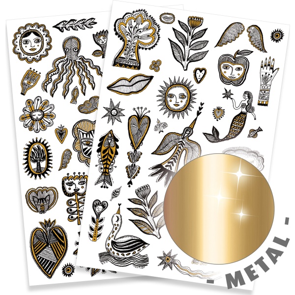 Golden Chic Metallic Tattoos by Djeco A collection of tattoos with metallic gold effect. Contains 2 different sheets (14 x 21cm) of dermatologically tested tattoos. Designed by Aurélia Fronty Suitable From   3+ years Dimensions   Pack 14 x 23cm Brand   Djeco Product Code   DJ09595 Barcode   3070900095953