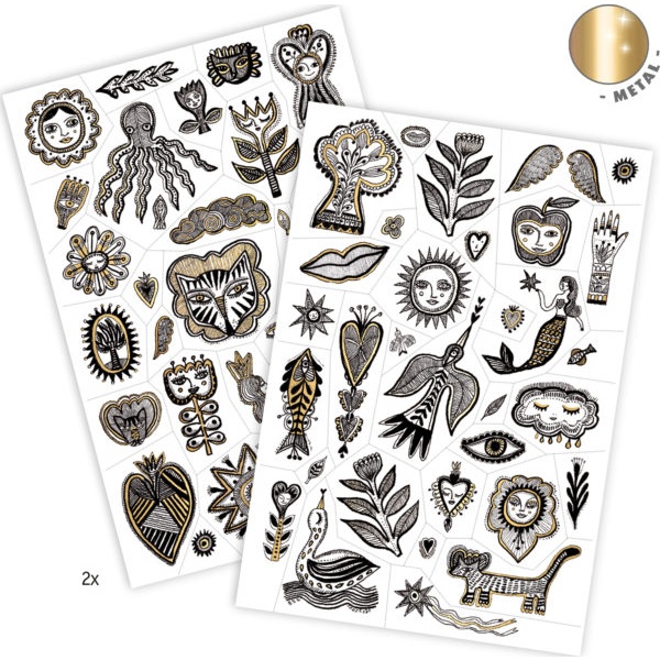 Golden Chic Metallic Tattoos by Djeco A collection of tattoos with metallic gold effect. Contains 2 different sheets (14 x 21cm) of dermatologically tested tattoos. Designed by Aurélia Fronty Suitable From   3+ years Dimensions   Pack 14 x 23cm Brand   Djeco Product Code   DJ09595 Barcode   3070900095953