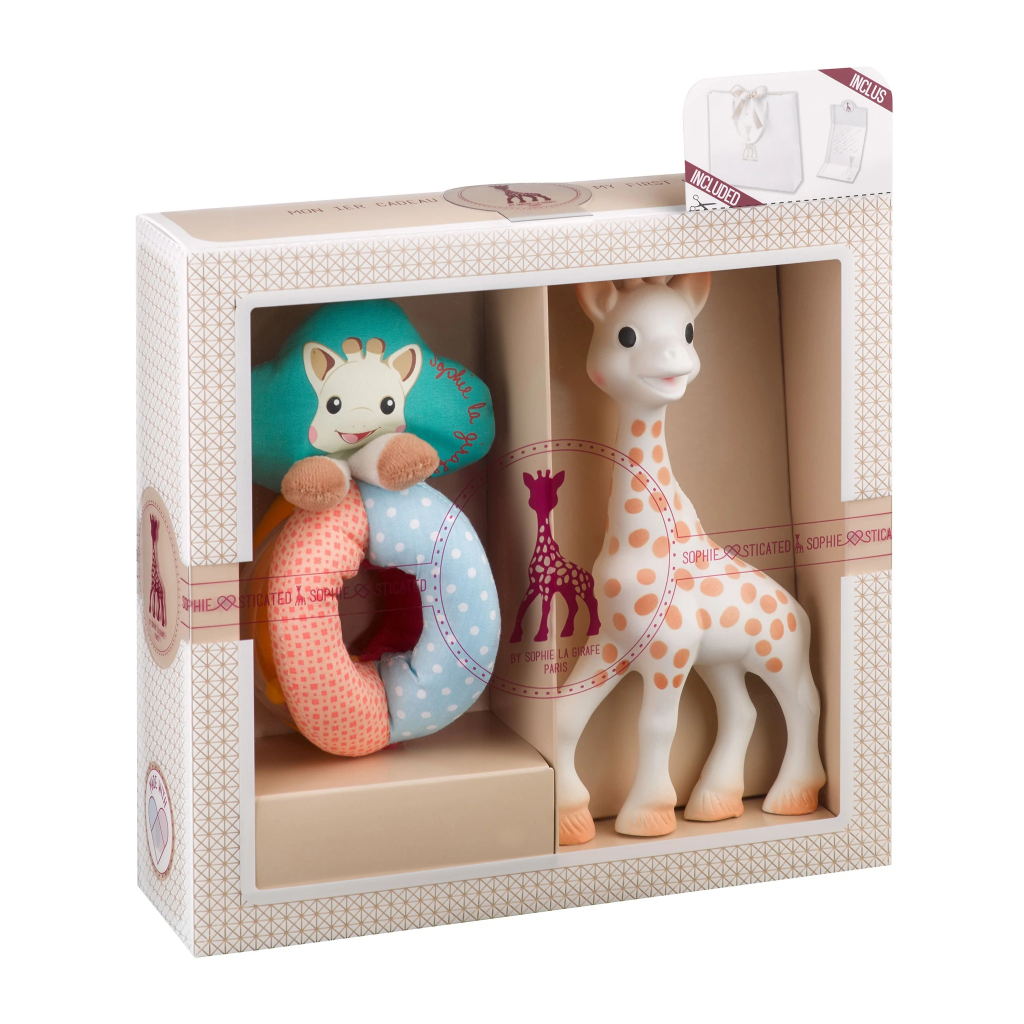 The perfect gift for baby showers and birthday parties!  Includes: Sophie la girafe A rattle with beads Gift bag Gift card Gifting made easy! All “Sophiesticated” sets include: the set + a bag + a gift card EAN 3056560000025