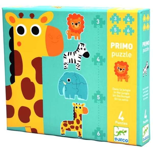 A unique puzzle that increases in difficulty as the child grows in skill; build the lion, zebra, elephant and giraffe First sort by color then build each animal one by one, the more pieces in each animal the more challenging it becomes; 18 pieces Helps develop skills in problem solving, fine motor, concentration, memory, color and shape sorting, and visual reasoning Made from the highest quality materials that resist peeling, fading and creasing; precision cutting assures all pieces fit together smoothly makes a perfect gift for the intrpid toddler puzzlers 2+ EAN 3070900071353 ITEM DJ07135