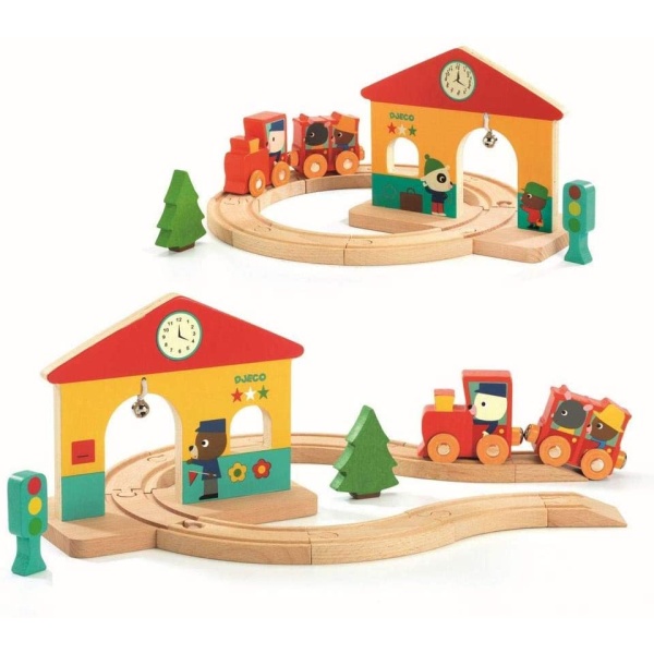 Possibly the perfect first wooden train set for the youngest engineer, fit the track together and push and pull the locomotive around the track and through the station Going through the station rings the bell to announce its arrival Contains an engine, caboose, 7 track pieces, a station, train signal and an evergreen tree Helps develop motor skills, cause and effect, imagination and storytelling A great gift for toddlers 18 months + SKU 3070900063891