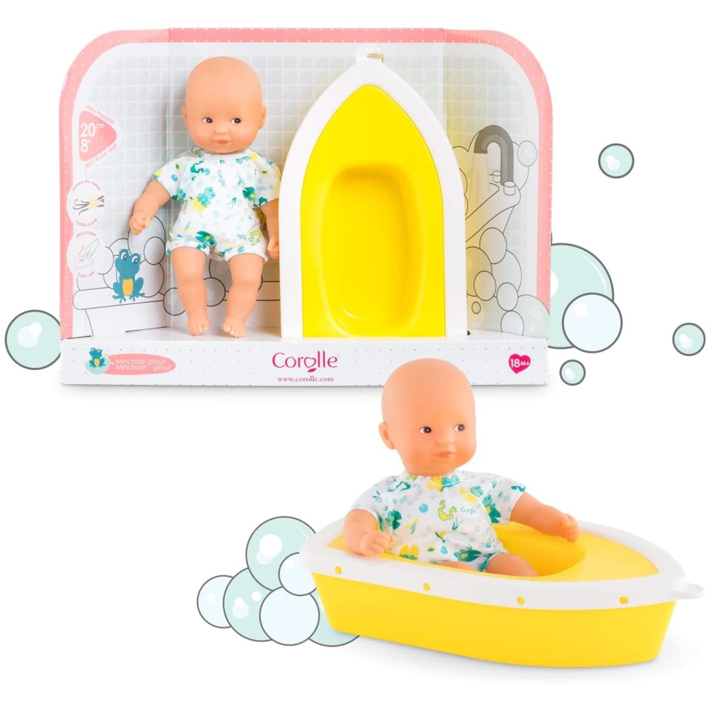 Mini Bath Plouf is a set containing one 8” Mini Calin and a boat. It's the perfect companion for your child's daily bath or for swimming in the pool or sea. The boat really floats so little ones can give their mini baby doll a ride on the water. The doll's face, arms and legs are made of delicately vanilla-scented, soft-touch vinyl. Painted brown eyes. mon premier poupon Corolle: small baby dolls with their own clothes and accessories so even little ones can have early nurturing time. Ages 18 months and up. SKU 40620131120256