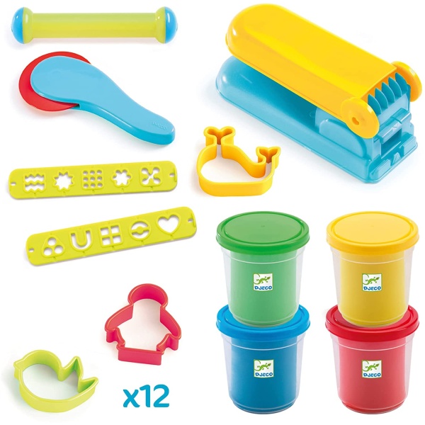 Everything you need for extreme dough play; 4 tubs of vibrant dough compound, 17 tools including an extruder, extruder dies, a roller, cutter and 12 press to cut forms. Explore your creativity and imagination as you create an endless array of modeling compound masterpieces. Helps develop motor skills, color and shape recognition, creativity, imagination and cognitive development. All DJECO toys are made from the highest quality materials, completely non-toxic; meets and exceeds all US and European safety standards.   An excellent gift for boys and girls ages 18 months+ DJ09755 SKU 3070900097551