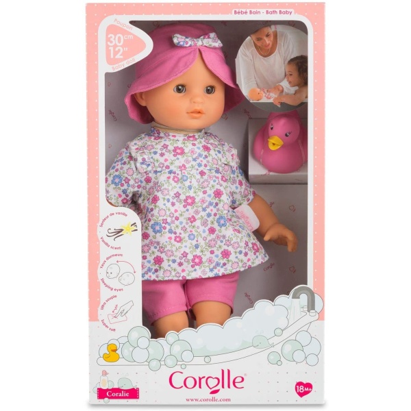 Bébé Bath Coralie loves to splish-splash and play with her cute rubber ducky friend in the water! This water-play companion also helps children slowly familiarize themselves with all types of aquatic environments The doll's head and limbs are made of soft vinyl that is lightly scented with vanilla, a Corolle signature Has a sewn-in label to write baby's first Name or a phone number in case the doll is lost Designed and styled in France SKU 4062013100340