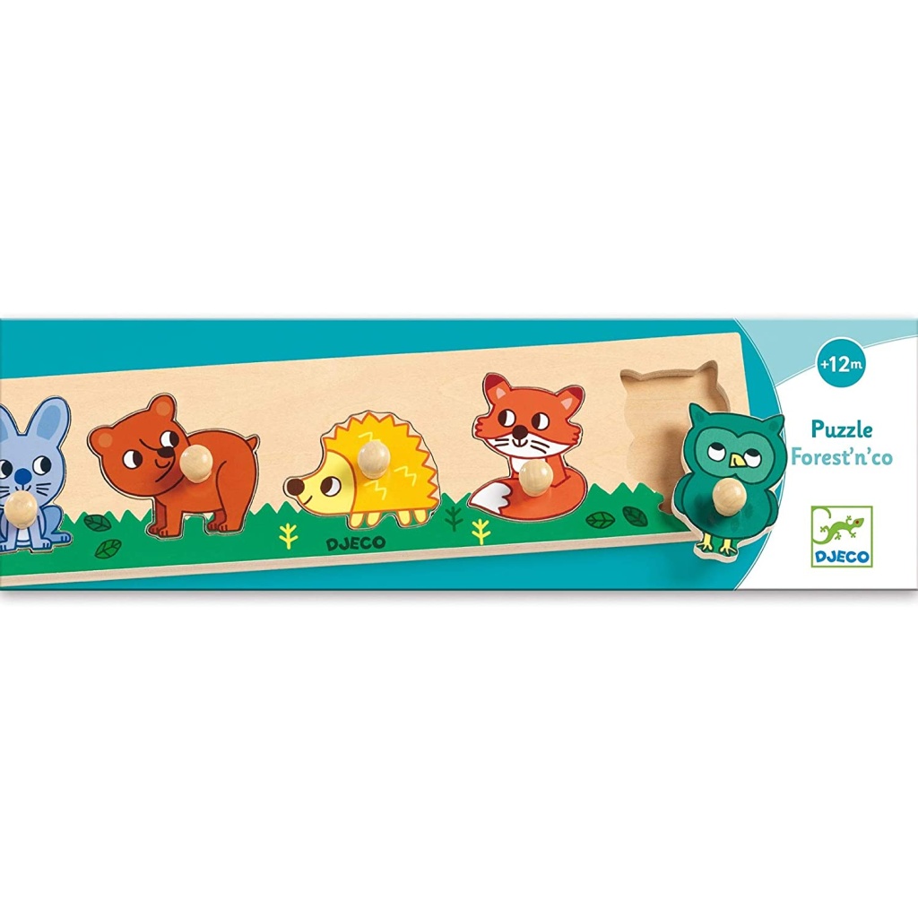 A timeless and classic solid wood knob puzzle for a toddler. Find you favorite forest friends; can you fit all 5 into their cutout spaces on the board? Made of solid wood, these knob puzzles are the perfect size for small hands to grab; each piece is beautifully decorated on both sides, perfect for free play off the board Helps develop fine motor skills, shape and color recognition, animal identification and imagination All DJECO toys are made form the highest quality materials, are completely non-toxic and meet and exceed all US and European safety standards A great gift for boys and girls 12 months + EAN 3070900011199 ITEM DJ01119