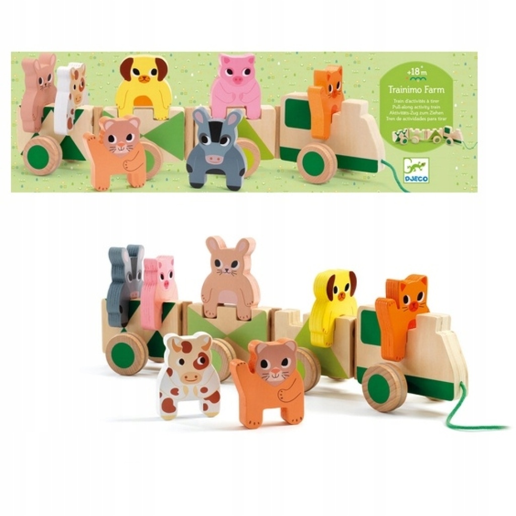 Trainimo Farm Wooden Train by Djeco All aboard this wooden train with your 7 friends heading to the farm. This brightly coloured wooden train features 4 wagons and 7 adorable farm animals. It offers a great opportunity to develop fine and gross motor skills and logical thinking. Children will adore learning about farm animals to expand their knowledge. What noise does the cow make? What does bunny eat? Designed by Tinou Le Joly Sénoville Suitable From   18+ months Dimensions   39 x 8 x 10cm Brand   Djeco Product Code   DJ06317 Barcode   3070900063174
