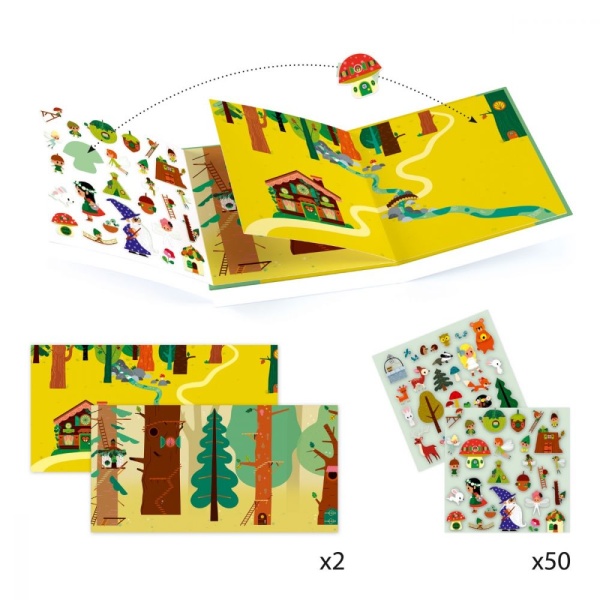Let's head into the forest on a magical adventure. Use the two large panoramas to create a playful theme. The set comes with 50 repositionable stickers to create stories and adventures. Comes in a rigid pouch that can be taken on the go. Designed by Lucy Brunelliére Suitable From   4 to 8 years Dimensions   Pack 22 x 23cm Brand   Design By from Djeco Item   DJ08956 SKU   3070900089563