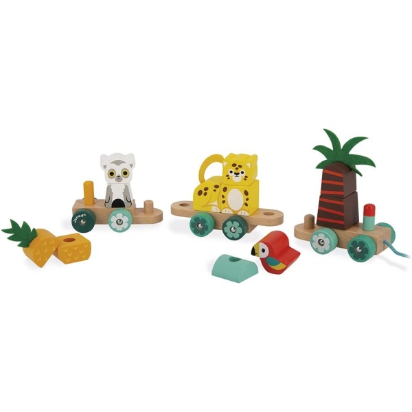 Let’s go on a tropical stroll with this little wooden train and its adorable passengers! On board, your child will find a jaguar, parrot and lemur already settled in their seats, with broad smiles on their faces as they get ready to go on great adventures. This beautiful Janod toy - composed of beech wood sourced from sustainably managed forests - is a very nice gift. Both a construction game and a pull-along toy, this small wooden train will quickly become your baby’s must-have toy. They will develop their fine motor skills by assembling the 3 wagons and 11 pieces to reconstruct their train and its passengers (lemur, parrot and jaguar, in addition to a palm tree and pineapple), then grab hold of the long cotton string to parade it around the house. This early-learning toy will allow children to develop their fine motor skills and hand-eye coordination, plus take their first steps whilst having fun. They will also stimulate their imagination, thanks to the imaginative characters! With its small felt details (pineapple and palm leaves), it will also reinforce baby’s sense of touch. Suitable for little ones aged 12 months and up. SKU 3700217382728 ITEM J08272