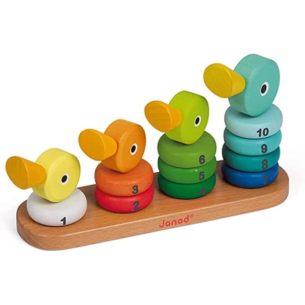 Janod Zigolos Duck 2-in-1 Stacker and Learn How to Count Game The Duck Tops Here! Janod Zigolos Duck 2-in-1 Stacker and Learn How to Count Game features vibrant rainbow contemporary colors and is fun educational wooden toy. So many lessons to be learned. Stack the rings using color recognition, number recognition and counting! Hours of fun! Encourages distraction-free play while developing motor skills, coordination, problem-solving, and puzzle skills. Janod not only creates beautifully designed toys, we also promote learning through play. Our toys are traditional in concept but “contemporary European” in design and all our products are made with a distinct focus on craftsmanship and quality. SKU 3700217382124 ITEM J08212