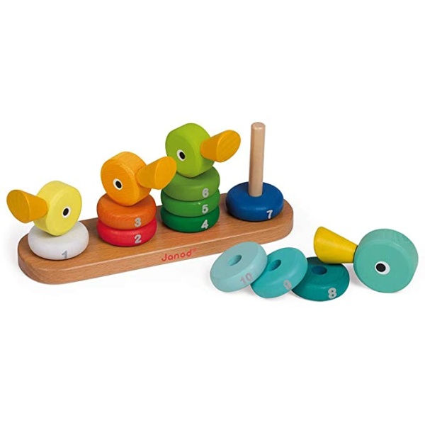 Janod Zigolos Duck 2-in-1 Stacker and Learn How to Count Game The Duck Tops Here! Janod Zigolos Duck 2-in-1 Stacker and Learn How to Count Game features vibrant rainbow contemporary colors and is fun educational wooden toy. So many lessons to be learned. Stack the rings using color recognition, number recognition and counting! Hours of fun! Encourages distraction-free play while developing motor skills, coordination, problem-solving, and puzzle skills. Janod not only creates beautifully designed toys, we also promote learning through play. Our toys are traditional in concept but “contemporary European” in design and all our products are made with a distinct focus on craftsmanship and quality. SKU 3700217382124 ITEM J08212