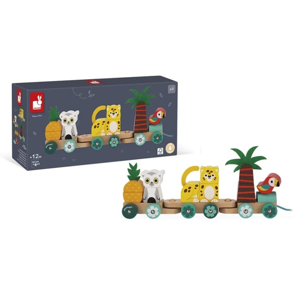 Let’s go on a tropical stroll with this little wooden train and its adorable passengers! On board, your child will find a jaguar, parrot and lemur already settled in their seats, with broad smiles on their faces as they get ready to go on great adventures. This beautiful Janod toy - composed of beech wood sourced from sustainably managed forests - is a very nice gift. Both a construction game and a pull-along toy, this small wooden train will quickly become your baby’s must-have toy. They will develop their fine motor skills by assembling the 3 wagons and 11 pieces to reconstruct their train and its passengers (lemur, parrot and jaguar, in addition to a palm tree and pineapple), then grab hold of the long cotton string to parade it around the house. This early-learning toy will allow children to develop their fine motor skills and hand-eye coordination, plus take their first steps whilst having fun. They will also stimulate their imagination, thanks to the imaginative characters! With its small felt details (pineapple and palm leaves), it will also reinforce baby’s sense of touch. Suitable for little ones aged 12 months and up. SKU 3700217382728 ITEM J08272