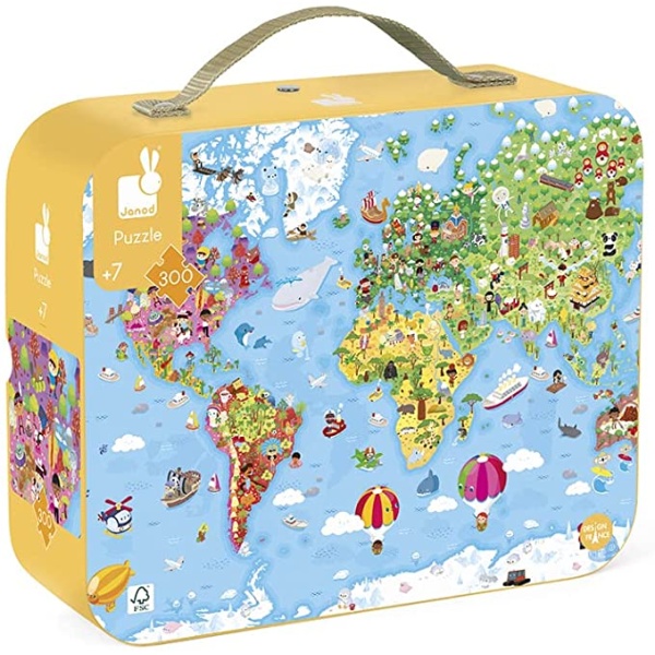 Explore the world and learn about different populations, landmarks and animals with Janod's giant world map jigsaw puzzle. This great puzzle includes amazing illustrations of the continents, what people wear and the animals that live there. Assembled puzzle measures 38.6 x 28.9 inches. DURABLE ADVENTURE JIGSAW THAT IS FUN TO EXPLORE – The colorful puzzle and snap-close box is sturdy and can withstand the demands of little hands. Includes a poster of the finished illustration for reference. 19.5 x 15.6 inches. CHILDHOOD DEVELOPMENT THROUGH PLAY – Promote the enhancement of fine motor skills, creative memory, task completion, hand-eye coordination, mental speed, patience, and independent play. Puzzles have been shown to reduce anxiety by challenging the brain. LEADING WOODEN AND CARDBOARD TOY BRAND - Janod has a long history of designing award-winning, timeless toys, puzzles, and building sets for families around the world. Instant classics but they always look modern and, above all, are functional. Provides good, clean, screen-free fun. MEETS ALL EUROPEAN AND AMERICAN SAFETY STANDARDS WITH FOCUS ON CRAFTSMANSHIP AND QUALITY - Quality and safety is the most important part of our designs at Janod. Our toys are traditional in concept but “contemporary European” in design and all of our timeless products are made with a distinct focus on craftsmanship, quality and education. Age : +7 yo SKU 3700217326562 ITEM J02656