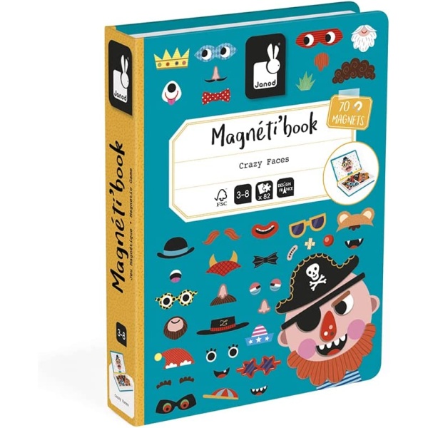 TEACH YOUR PRESCHOOL CHILD TO BE CREATIVE AND FOLLOW DIRECTIONS - The “Boy” Crazy Face MagnetiBook allows you to create different faces using the magnetic pieces and set them up on the stage. Select one of the 12 cards and then match the 70 magnetic pieces to copy the card. BY PLAYING THIS GAME YOU HELP YOUR CHILDS DEXTERITY, HAND EYE COORDINATION AND VISUAL DISCRIMINATION - Visual discrimination helps a child to see subtle differences between objects or pictures and to see if something matches up. This visual perceptual skill can be described as “paying attention to detail” while practicing fine motor skills to perfect daily tasks like zippers, shoe tying and door opening. EASY CLEAN UP AND STORAGE - All of the 70 pcs and 12 illustration tiles are backed with magnetic sheeting and fit into a “book” shaped travel storage box. Stores neatly on a bookshelf or stows easily in a travel bag. Perfect for car trips and airplane rides. GIVE YOUR CHILD SELF CONFIDENCE THROUGH PLAY - Through repetitive movement with room for creativity children can improve their skills and find an inner self confidence that they will apply in many different settings for the rest of their lives. Since 1970 Janod has been focused on bringing classic, heirloom-quality toys to families around the world. MEETS ALL EUROPEAN AND AMERICAN SAFETY STANDARDS WITH FOCUS ON CRAFTSMANSHIP AND QUALITY - Quality and safety is the most important part of our designs at Janod. Each Toy is made with top quality parts and concern for your child's well being and education. Designed by our French Product team to meet all European and US standards to the highest quality specifications. Item J02716 EAN 3700217327163
