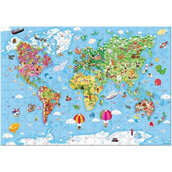 Explore the world and learn about different populations, landmarks and animals with Janod's giant world map jigsaw puzzle. This great puzzle includes amazing illustrations of the continents, what people wear and the animals that live there. Assembled puzzle measures 38.6 x 28.9 inches. DURABLE ADVENTURE JIGSAW THAT IS FUN TO EXPLORE – The colorful puzzle and snap-close box is sturdy and can withstand the demands of little hands. Includes a poster of the finished illustration for reference. 19.5 x 15.6 inches. CHILDHOOD DEVELOPMENT THROUGH PLAY – Promote the enhancement of fine motor skills, creative memory, task completion, hand-eye coordination, mental speed, patience, and independent play. Puzzles have been shown to reduce anxiety by challenging the brain. LEADING WOODEN AND CARDBOARD TOY BRAND - Janod has a long history of designing award-winning, timeless toys, puzzles, and building sets for families around the world. Instant classics but they always look modern and, above all, are functional. Provides good, clean, screen-free fun. MEETS ALL EUROPEAN AND AMERICAN SAFETY STANDARDS WITH FOCUS ON CRAFTSMANSHIP AND QUALITY - Quality and safety is the most important part of our designs at Janod. Our toys are traditional in concept but “contemporary European” in design and all of our timeless products are made with a distinct focus on craftsmanship, quality and education. Age : +7 yo SKU 3700217326562 ITEM J02656