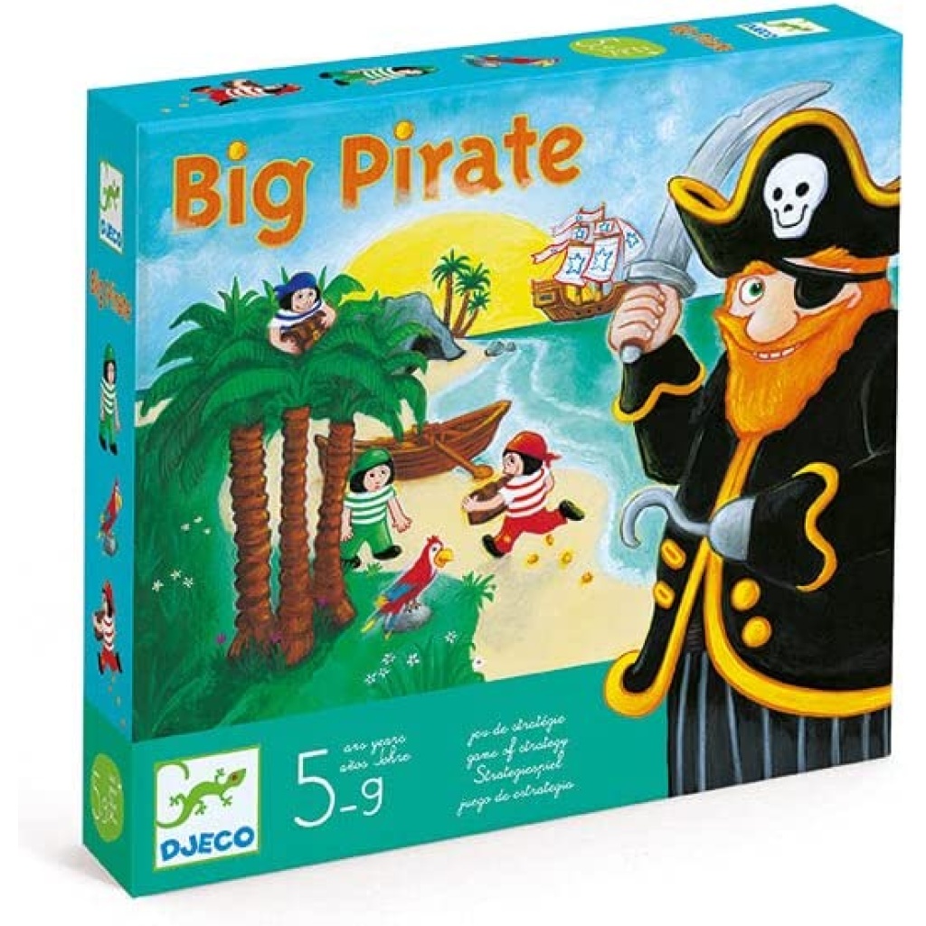 Big Pirate by Djeco The ship's apprentices land on Big Pirate's island to steal his treasure. But he does not want this to happen and really wants to catch them before they are off to sea again! Includes 1 big pirate figure, 13 cards, 7 trees, 3 players and treasure chests, 1 skull dice, and 1 normal dice. This game is for 2 to 4 players, lasting around 20 minutes. ITEM DJ08423 SKU 3070900084230