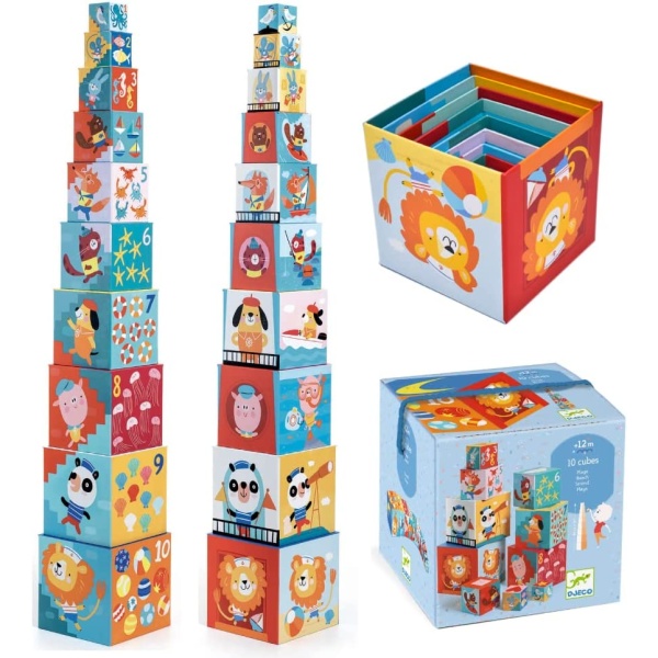An artistic take on a classic developmental toy, let’s go to the beach and play in the sand, count to 10; nest the blocks or make a tower The 10 blocks are each beautifully decorated on 5 sides with whimsical beach scenes, animal friends and delightful illustrations; can you tell a story about them? Helps develop fine motor skills, eye-hand coordination, balance, problem solving, shape / number / animal identification, counting and sequencing Every DJECO product is made from the highest quality materials and is completely non-toxic; meets and exceeds all US and European safety standards Towers stack to 38 inches high, comes complete with a convenient carrying handle, an excellent gift for toddlers 12 months + SKU 3070900085091 ITEM DJ08509