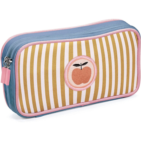 Perfect for back to school or anytime you need a place for your pencils, erasers or other supplies This beautiful case decorated with an embroidered apple. It has 2 separate compartment and lots of pockets to organize your stuff, a fabric exterior and stain resistant interior lining A high-quality zipper with a silicone ring makes opening and closing easy Just the right size at 8.5 x 5 inches, fits great in a backpack For boys and girls ages 4+ ITEM DD00320 SKU 3070900003200