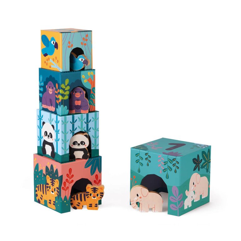 cardboard tower with wooden animal figures in partnership with wwf